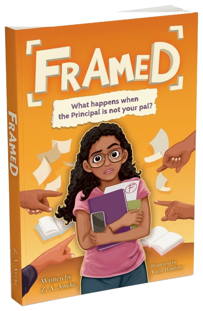 Paperback copy of Framed: What happens when the principal is not your pal? The cover shows an illustrated girl with curly hair and glasses hugging her books while hands point at her.